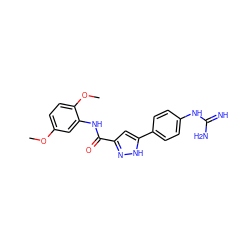 COc1ccc(OC)c(NC(=O)c2cc(-c3ccc(NC(=N)N)cc3)[nH]n2)c1 ZINC000473249079