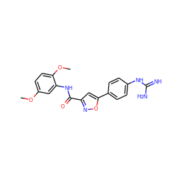 COc1ccc(OC)c(NC(=O)c2cc(-c3ccc(NC(=N)N)cc3)on2)c1 ZINC000169330347