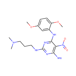 COc1ccc(OC)c(Nc2nc(NCCCN(C)C)nc(N)c2[N+](=O)[O-])c1 ZINC000009292371