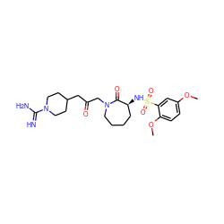 COc1ccc(OC)c(S(=O)(=O)N[C@H]2CCCCN(CC(=O)CC3CCN(C(=N)N)CC3)C2=O)c1 ZINC000027848686