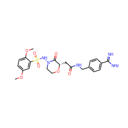 COc1ccc(OC)c(S(=O)(=O)NN2CCO[C@@H](CC(=O)NCc3ccc(C(=N)N)cc3)C2=O)c1 ZINC000013526824