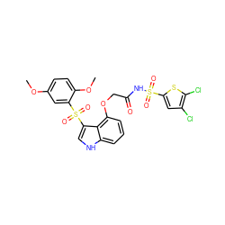 COc1ccc(OC)c(S(=O)(=O)c2c[nH]c3cccc(OCC(=O)NS(=O)(=O)c4cc(Cl)c(Cl)s4)c23)c1 ZINC000044388239