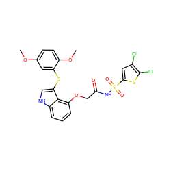 COc1ccc(OC)c(Sc2c[nH]c3cccc(OCC(=O)NS(=O)(=O)c4cc(Cl)c(Cl)s4)c23)c1 ZINC000044404097