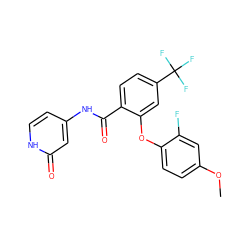 COc1ccc(Oc2cc(C(F)(F)F)ccc2C(=O)Nc2cc[nH]c(=O)c2)c(F)c1 ZINC000143170004