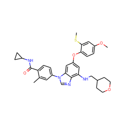 COc1ccc(Oc2cc(NCC3CCOCC3)c3ncn(-c4ccc(C(=O)NC5CC5)c(C)c4)c3c2)c(SC)c1 ZINC001772593958