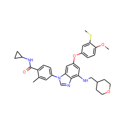 COc1ccc(Oc2cc(NCC3CCOCC3)c3ncn(-c4ccc(C(=O)NC5CC5)c(C)c4)c3c2)cc1SC ZINC000203723957