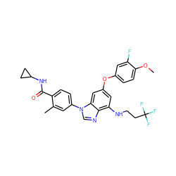 COc1ccc(Oc2cc(NCCC(F)(F)F)c3ncn(-c4ccc(C(=O)NC5CC5)c(C)c4)c3c2)cc1F ZINC000147736879