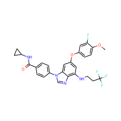 COc1ccc(Oc2cc(NCCC(F)(F)F)c3ncn(-c4ccc(C(=O)NC5CC5)cc4)c3c2)cc1F ZINC000203531978