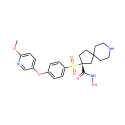 COc1ccc(Oc2ccc(S(=O)(=O)[C@]3(C(=O)NO)CCC4(CCNCC4)C3)cc2)cn1 ZINC000299861639