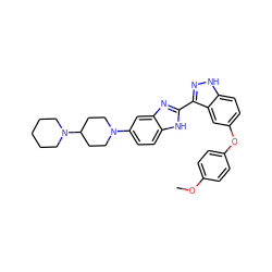 COc1ccc(Oc2ccc3[nH]nc(-c4nc5cc(N6CCC(N7CCCCC7)CC6)ccc5[nH]4)c3c2)cc1 ZINC000036241942