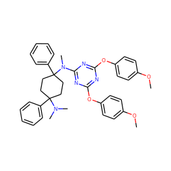 COc1ccc(Oc2nc(Oc3ccc(OC)cc3)nc(N(C)C3(c4ccccc4)CCC(c4ccccc4)(N(C)C)CC3)n2)cc1 ZINC000147082701