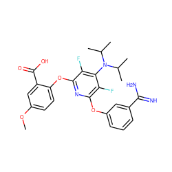 COc1ccc(Oc2nc(Oc3cccc(C(=N)N)c3)c(F)c(N(C(C)C)C(C)C)c2F)c(C(=O)O)c1 ZINC000028570535