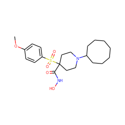 COc1ccc(S(=O)(=O)C2(C(=O)NO)CCN(C3CCCCCCC3)CC2)cc1 ZINC000013520999