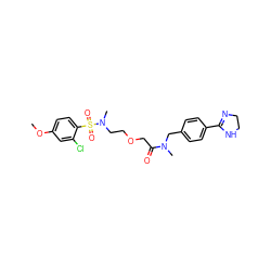 COc1ccc(S(=O)(=O)N(C)CCOCC(=O)N(C)Cc2ccc(C3=NCCN3)cc2)c(Cl)c1 ZINC000084703679