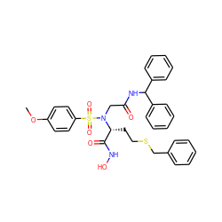 COc1ccc(S(=O)(=O)N(CC(=O)NC(c2ccccc2)c2ccccc2)[C@H](CCSCc2ccccc2)C(=O)NO)cc1 ZINC000014127940