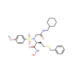 COc1ccc(S(=O)(=O)N(CC(=O)NCC2CCCCC2)[C@@H](CCSCc2ccccc2)C(=O)NO)cc1 ZINC000026834975