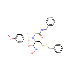 COc1ccc(S(=O)(=O)N(CC(=O)NCc2ccccc2)[C@@H](CCSCc2ccccc2)C(=O)NO)cc1 ZINC000026824610