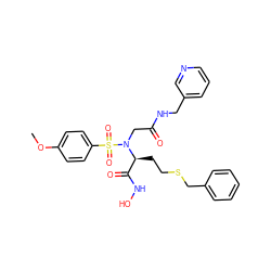 COc1ccc(S(=O)(=O)N(CC(=O)NCc2cccnc2)[C@@H](CCSCc2ccccc2)C(=O)NO)cc1 ZINC000026832573