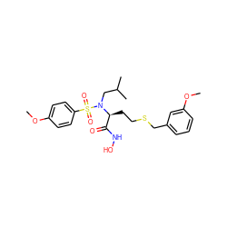 COc1ccc(S(=O)(=O)N(CC(C)C)[C@@H](CCSCc2cccc(OC)c2)C(=O)NO)cc1 ZINC000013863994