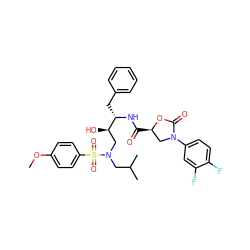 COc1ccc(S(=O)(=O)N(CC(C)C)C[C@@H](O)[C@H](Cc2ccccc2)NC(=O)[C@@H]2CN(c3ccc(F)c(F)c3)C(=O)O2)cc1 ZINC000014951327