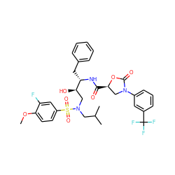 COc1ccc(S(=O)(=O)N(CC(C)C)C[C@@H](O)[C@H](Cc2ccccc2)NC(=O)[C@@H]2CN(c3cccc(C(F)(F)F)c3)C(=O)O2)cc1F ZINC000049780075