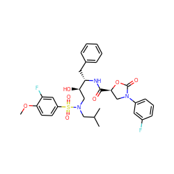 COc1ccc(S(=O)(=O)N(CC(C)C)C[C@@H](O)[C@H](Cc2ccccc2)NC(=O)[C@@H]2CN(c3cccc(F)c3)C(=O)O2)cc1F ZINC000014951407