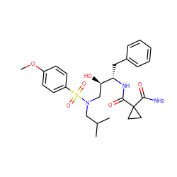 COc1ccc(S(=O)(=O)N(CC(C)C)C[C@@H](O)[C@H](Cc2ccccc2)NC(=O)C2(C(N)=O)CC2)cc1 ZINC000040408379