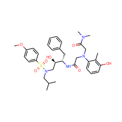 COc1ccc(S(=O)(=O)N(CC(C)C)C[C@@H](O)[C@H](Cc2ccccc2)NC(=O)CN(CC(=O)N(C)C)c2cccc(O)c2C)cc1 ZINC000299862609