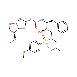 COc1ccc(S(=O)(=O)N(CC(C)C)C[C@@H](O)[C@H](Cc2ccccc2)NC(=O)O[C@@H]2C[C@@H]3[C@H](OC)CO[C@@H]3C2)cc1 ZINC000072113477