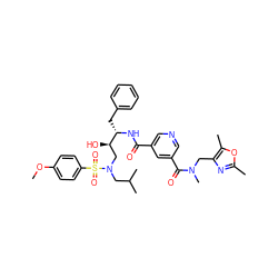 COc1ccc(S(=O)(=O)N(CC(C)C)C[C@@H](O)[C@H](Cc2ccccc2)NC(=O)c2cncc(C(=O)N(C)Cc3nc(C)oc3C)c2)cc1 ZINC000198035788