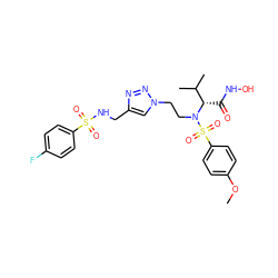 COc1ccc(S(=O)(=O)N(CCn2cc(CNS(=O)(=O)c3ccc(F)cc3)nn2)[C@@H](C(=O)NO)C(C)C)cc1 ZINC000096934282