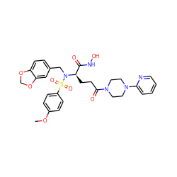 COc1ccc(S(=O)(=O)N(Cc2ccc3c(c2)OCO3)[C@H](CCC(=O)N2CCN(c3ccccn3)CC2)C(=O)NO)cc1 ZINC000026400314
