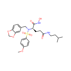 COc1ccc(S(=O)(=O)N(Cc2ccc3c(c2)OCO3)[C@H](CCC(=O)NCCC(C)C)C(=O)NO)cc1 ZINC000026482060