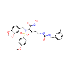 COc1ccc(S(=O)(=O)N(Cc2ccc3c(c2)OCO3)[C@H](CCCNC(=O)NCc2cccc(C)c2)C(=O)NO)cc1 ZINC000026186225