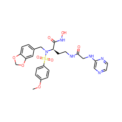COc1ccc(S(=O)(=O)N(Cc2ccc3c(c2)OCO3)[C@H](CCNC(=O)CNc2cnccn2)C(=O)NO)cc1 ZINC000026182265
