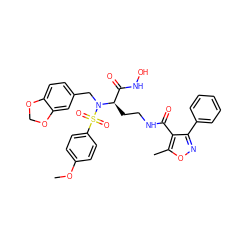 COc1ccc(S(=O)(=O)N(Cc2ccc3c(c2)OCO3)[C@H](CCNC(=O)c2c(-c3ccccc3)noc2C)C(=O)NO)cc1 ZINC000026185332