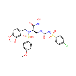 COc1ccc(S(=O)(=O)N(Cc2ccc3c(c2)OCO3)[C@H](CNC(=O)NS(=O)(=O)c2ccc(Cl)cc2)C(=O)NO)cc1 ZINC000026252400