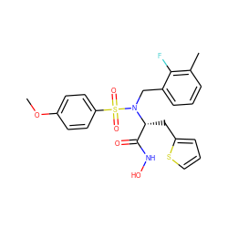 COc1ccc(S(=O)(=O)N(Cc2cccc(C)c2F)[C@H](Cc2cccs2)C(=O)NO)cc1 ZINC000013440849