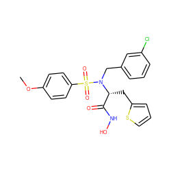 COc1ccc(S(=O)(=O)N(Cc2cccc(Cl)c2)[C@H](Cc2cccs2)C(=O)NO)cc1 ZINC000013440854