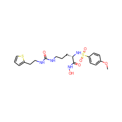 COc1ccc(S(=O)(=O)N[C@@H](CCCNC(=O)NCCc2cccs2)C(=O)NO)cc1 ZINC000026187444