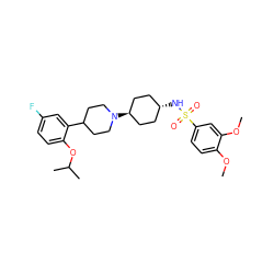 COc1ccc(S(=O)(=O)N[C@H]2CC[C@H](N3CCC(c4cc(F)ccc4OC(C)C)CC3)CC2)cc1OC ZINC000101132205