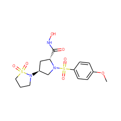 COc1ccc(S(=O)(=O)N2C[C@@H](N3CCCS3(=O)=O)C[C@@H]2C(=O)NO)cc1 ZINC000013835754