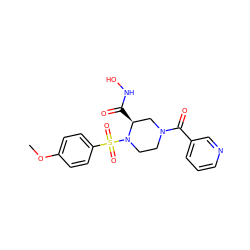 COc1ccc(S(=O)(=O)N2CCN(C(=O)c3cccnc3)C[C@@H]2C(=O)NO)cc1 ZINC000013804638