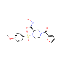 COc1ccc(S(=O)(=O)N2CCN(C(=O)c3ccco3)C[C@@H]2C(=O)NO)cc1 ZINC000013804649