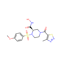 COc1ccc(S(=O)(=O)N2CCN(C(=O)c3snnc3C)C[C@@H]2C(=O)NO)cc1 ZINC000013804658