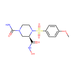 COc1ccc(S(=O)(=O)N2CCN(C(N)=O)C[C@@H]2C(=O)NO)cc1 ZINC000013804676