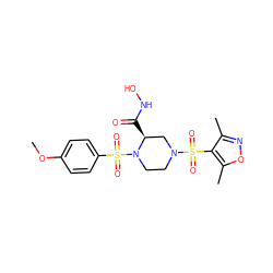 COc1ccc(S(=O)(=O)N2CCN(S(=O)(=O)c3c(C)noc3C)C[C@@H]2C(=O)NO)cc1 ZINC000013804596