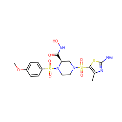 COc1ccc(S(=O)(=O)N2CCN(S(=O)(=O)c3sc(N)nc3C)C[C@@H]2C(=O)NO)cc1 ZINC000013804594