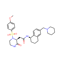 COc1ccc(S(=O)(=O)N2CCNC(=O)[C@@H]2CC(=O)N[C@@H]2CCCc3cc(CN4CCCCC4)ccc32)cc1 ZINC000071341407