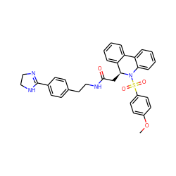 COc1ccc(S(=O)(=O)N2c3ccccc3-c3ccccc3[C@@H]2CC(=O)NCCc2ccc(C3=NCCN3)cc2)cc1 ZINC000084632366